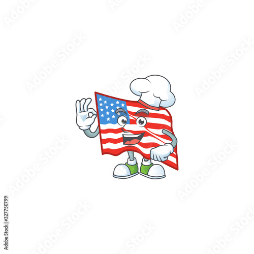 USA flag cartoon character in a chef dress and white hat