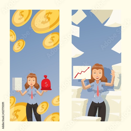 Successful woman in business career, female manager of profitable company, vector illustration. Vertical banner with businesswoman cartoon character. Happy girl earns money, entrepreneur investment