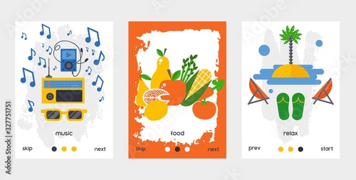Healthy lifestyle application vector illustration, digital technology for health activity maintenance concept in flat style. Music, food and relax pages design for smartphone app. Good life habits.