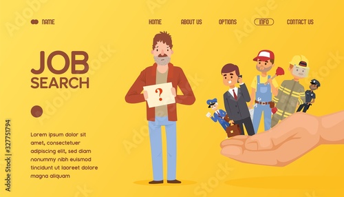 Unemployed man searching for job, work recruitment announcement on website, vector illustration. Desperate male cartoon character holding question mark sign. Professional occupation opportunity online
