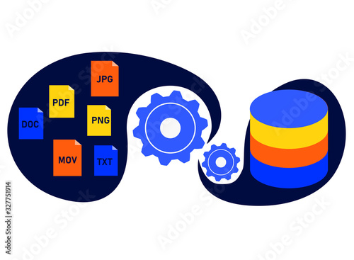 Cloud or on premise ETL and ELT processes. Extract transform and load data into Database and Warehouse. Resilient, distributed processing of raw, unstructured data. Vector concept illustration.