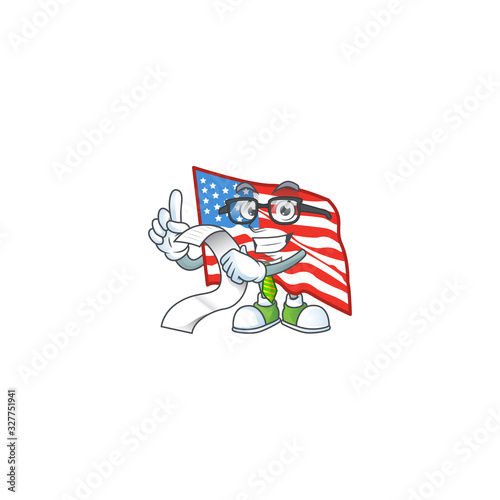 A funny face character of USA flag holding a menu