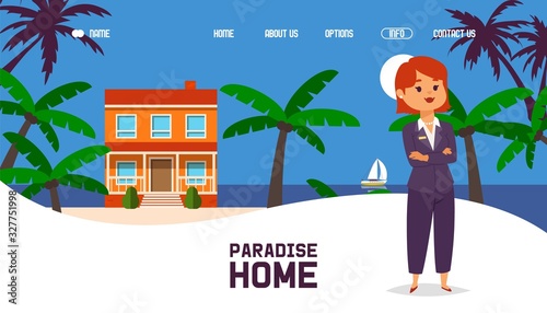 Real estate agency website design, woman realtor cartoon character presenting paradise home, vector illustration. Luxury cottage on ocean beach, successful female agent manager, realtor in flat style