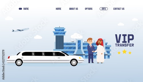 Business partner people meeting in international airport, luxury limousin transfer service vector illustration. Important multicultural collaboration with arab businessman. Cartoon character handshake