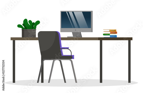 Black table and chair, furniture. Electronic device, computer for work and study. Modern design of workspace at home or office. Plant cactus and books on desk. Vector illustration of workplace in flat