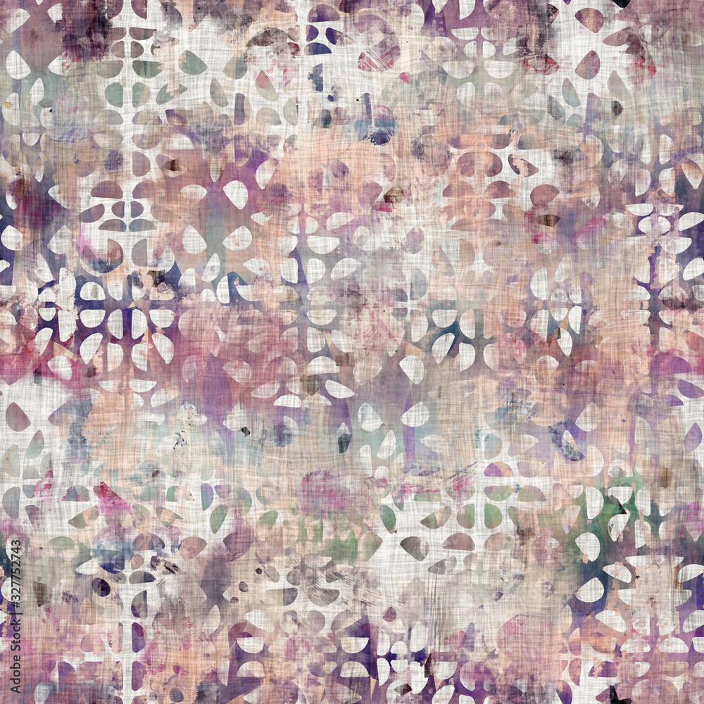 Seamless mixed media collage design in old aged worn look. Geo blob design overlaid, mottled, and distressed on fabric texture. Seamless repeat raster jpg pattern swatch.