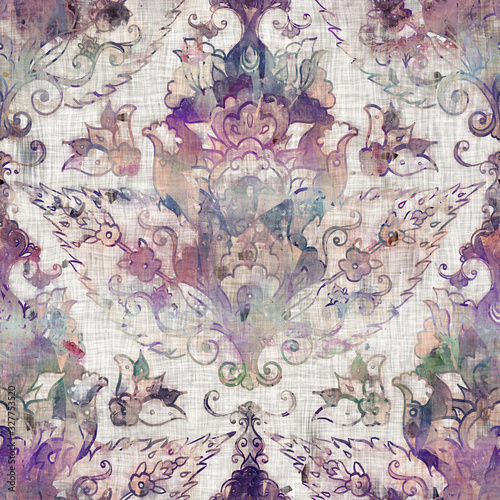 Seamless mixed media collage design in old aged worn look. Hand drawn damask design overlaid, mottled, and distressed on fabric texture. Seamless repeat raster jpg pattern swatch.