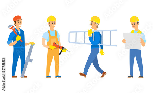People working on construction vector, isolated set of characters with tools and instruments, drill and ladder, engineer standing with plan scheme on paper