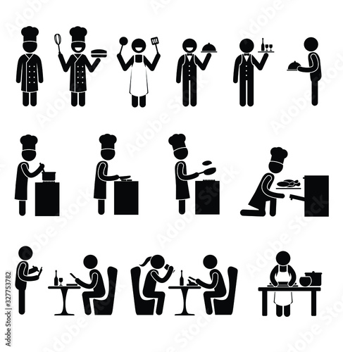 Stick figure chef, cooking for restaurant, dining and others