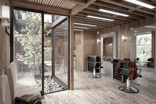 Hair Salon Designed in Wood (desaturated)  - 3d visualization photo