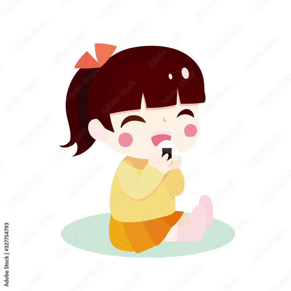 A smiling girl chewing onigiri