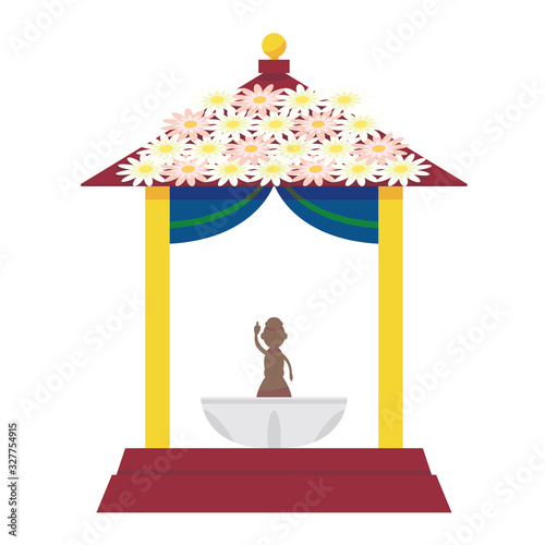 Illustration of a small temple decorated with flowers
