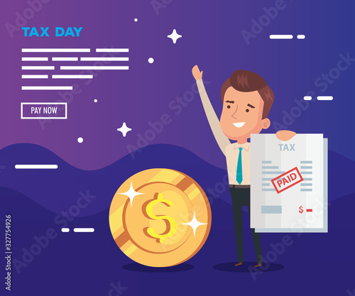 tax day poster with businessman and icons vector illustration design