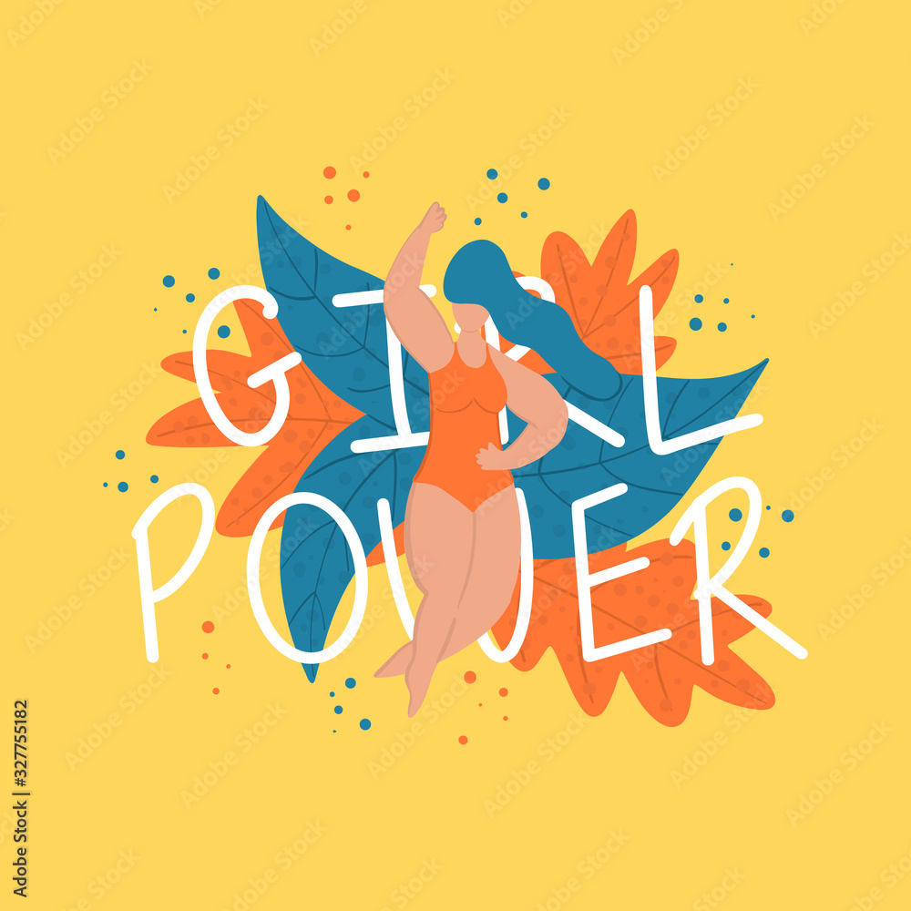 Girl power quote and woman in swimsuit vector hand drawn illustration.