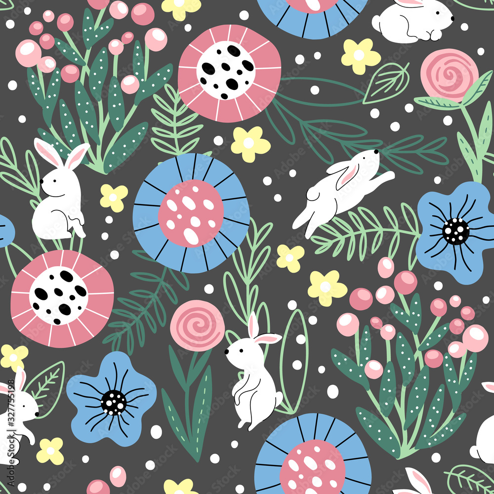 Childish pattern with bunnies and flowers