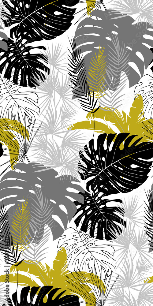 seamless pattern with tropical plants in three colors black white gold with leaves of monstera - obrazy, fototapety, plakaty 