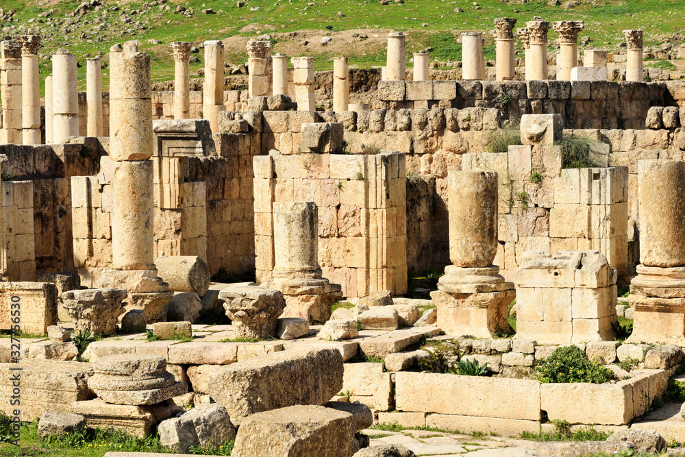 Columns and wall of ruined Greco-Roman city of Gerasa