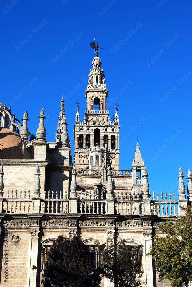 View of Saint Mary of the See Cathedral (Catedral de Santa Maria de la Sede) and La Giralda Tower, Seville, pain.