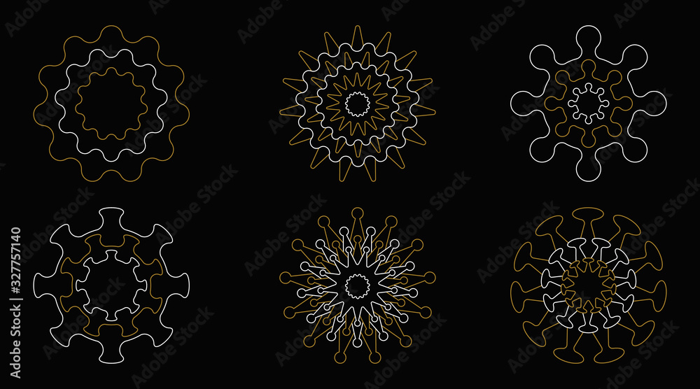 New Coronavirus 2019-nKoV. Originated in the Chinese city of Wuhan. Set of viral cells isolated on black background. Vector illustration.