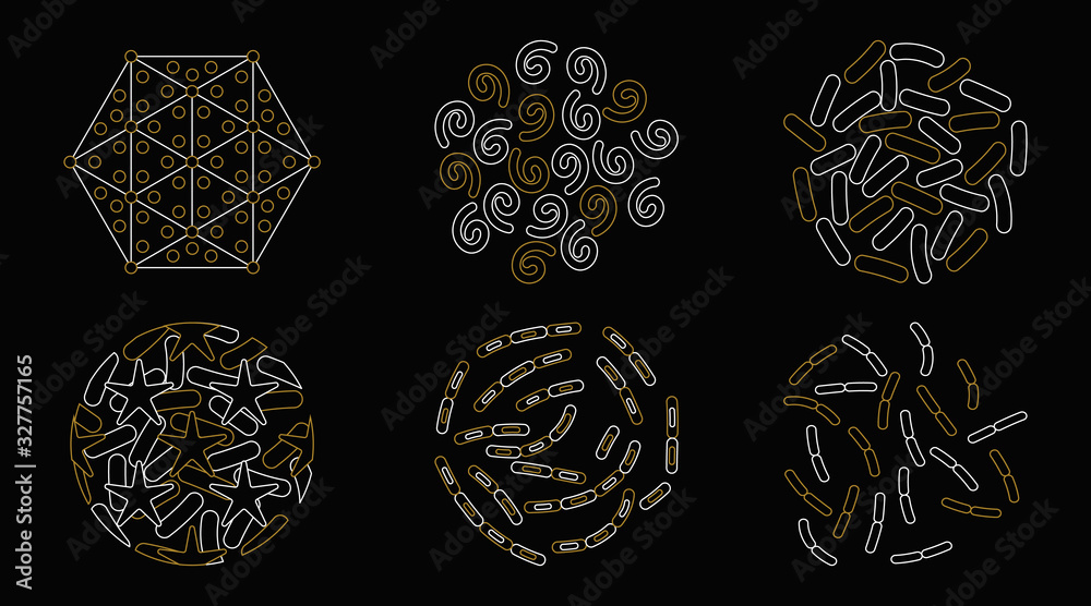 Fototapeta premium Set of viral cells and bacteria isolated on black background. Vector illustration.