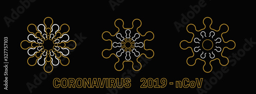 New Coronavirus 2019-nKoV. Originated in the Chinese city of Wuhan. Set of viral cells isolated on black background. Vector illustration.