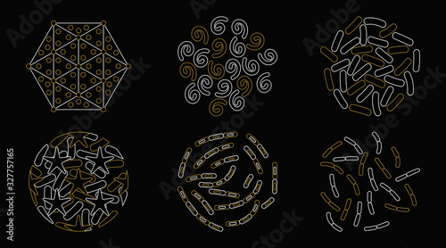 Set of viral cells and bacteria isolated on black background. Vector illustration.