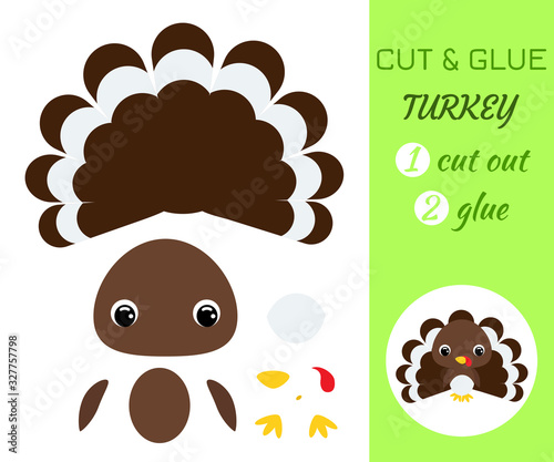 Cut and glue baby turkey. Educational paper game for preschool children.