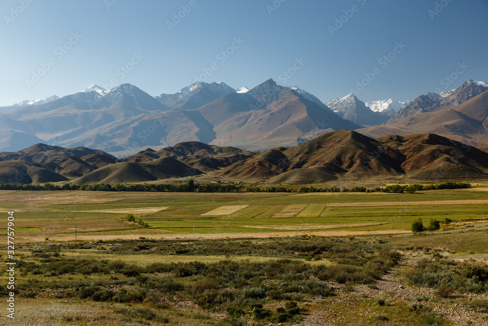 green pastures against the backdrop of snowy mountains near Lake Issyk-Kul, Kyrgyzstan.
