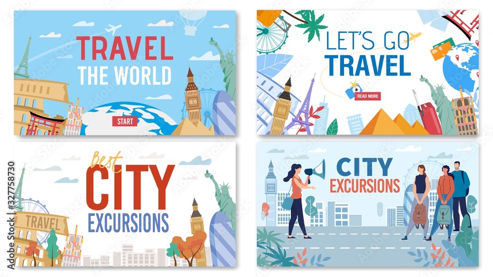 Worldwide Travel and City Excursion Creative Advertisement Set with Happy Tourist and Famous Landmark Design. Group Walking and Bus Tour, Aircraft Transfer Booking Information. Vector Illustration