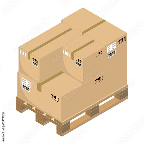 Cardboard boxes on a pallet. Isometric design. Vector illustration.