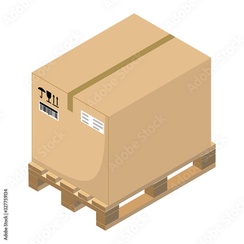 Cardboard box on a pallet. Isometric design. Vector illustration.
