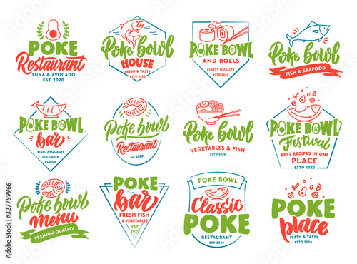 Set of vintage Poke Bowl emblems and stamps. Colorful seafood badges  stickers on white background isolated.