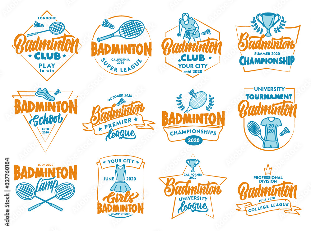 Set of vintage Badminton emblems and stamps. Colorful badges