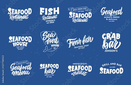 Set of vintage Seafood phrases. Emblems, badges, templates, stickers on blue background
