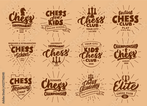 Set of vintage Chess emblems and stamps. Sport badges, stickers on beige background.