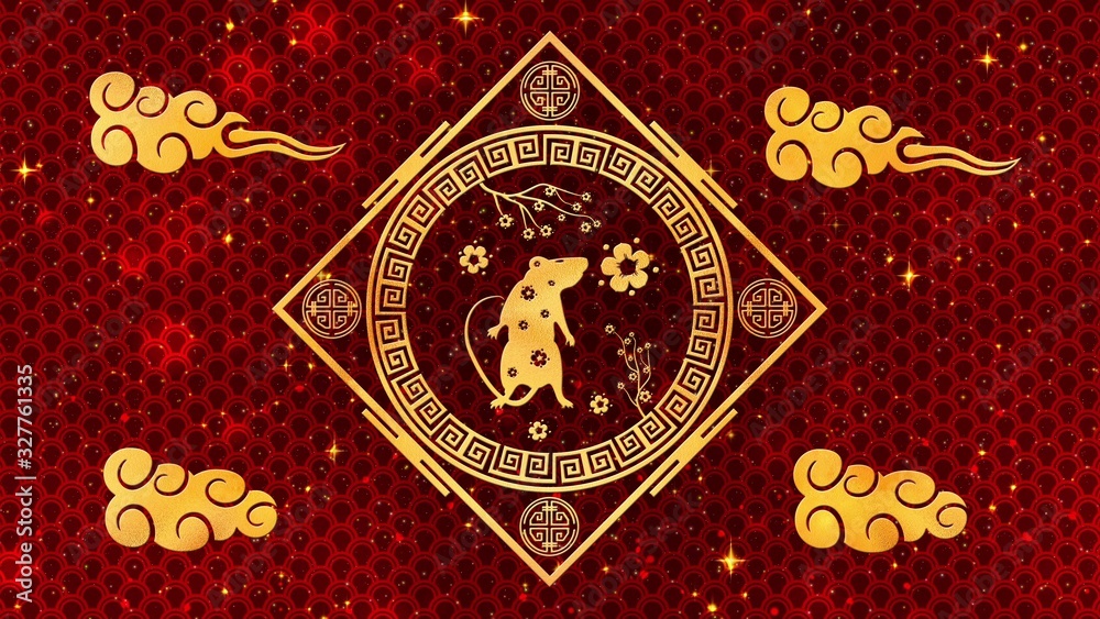 Red Chinese New Year background with gold, rat, fireworks, glittering stars 3D rendering . Magical Happy new year animation.