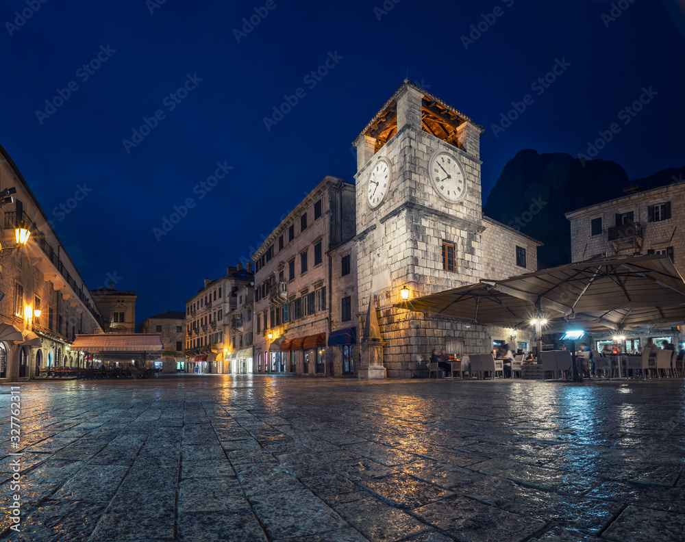 Kotor, Montenegro. Historic clock tower in Old Town at dusk