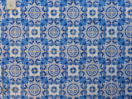 Famous old Portuguese traditional painted tin-glazed ceramic tiles Azulejos of Sintra, Portugal