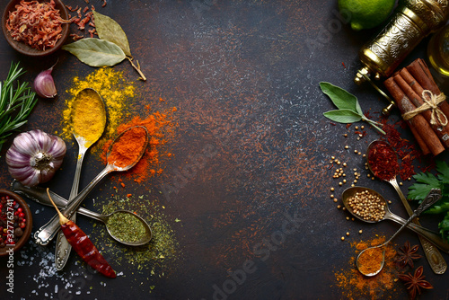 Assortment spices. Top view with copy space.