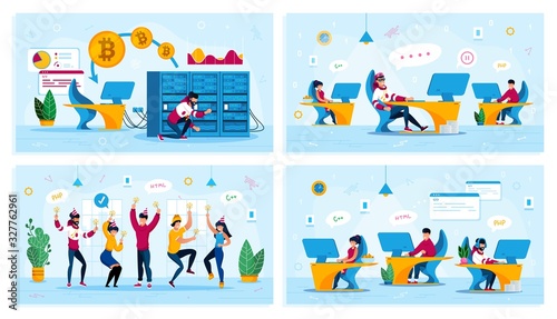 Bitcoin Trading, Employees Motivation, Corporate Party, IT Company Team Trendy Flat Vector Concepts Set. Procrastinating Programmer, Dancing Coworkers, Mining Farm, Working Developers Illustration