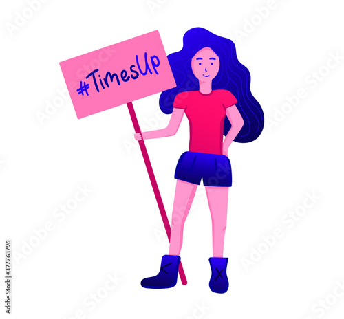 Girl with poster "TimesUp". Concept for prints, t-shirts, cards - happy woman with banner. Women movement or protest. Vector stock illustration isolated on white background. 
