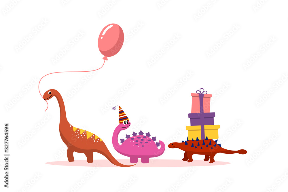 Naklejka premium Cute cartoon dinosaurs with gifts and balloons go one after another on white background. Birthday card, holiday