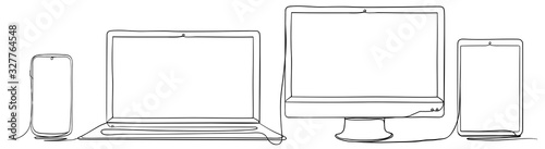 Mobile Phone, Laptop, Computer Monitor and Tablet PC. Hand Drawn Continuous Line Art Vector Illustration.