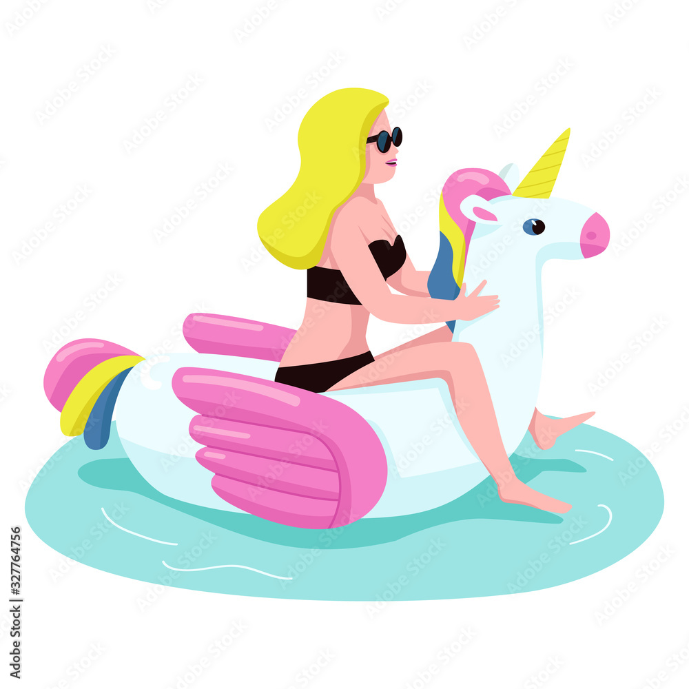 Woman in bikini flat color vector faceless character. Girl on inflatable unicorn. Person float on water. Female tourist sit on air mattress. Lady at pool party isolated cartoon illustration