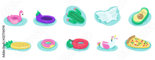 Air mattresses flat color vector objects set. Rubber rings for kids. Beach equipment. Accessories for sea vacation. Inflatable pool toys 2D isolated cartoon illustrations on white background