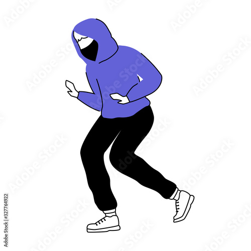 Man in mask and hoodie flat silhouette vector illustration. Suspicious person. Cautious guy. Wrongdoer. Questionable activity. 2D isolated outline character on white background. Simple style drawing
