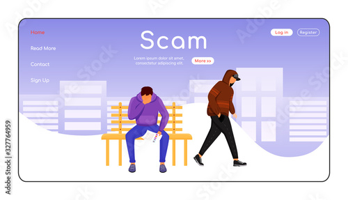 Scam landing page flat color vector template. Blackmailing victim. Criminal demanding payment. Danger of harm. Homepage layout. One page website interface with cartoon character. Web banner, webpage