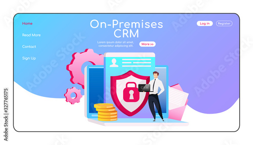 On premises CRM landing page flat color vector template. Man standing on laptop homepage layout. Data security one page website interface with cartoon character. Computer software web banner, webpage