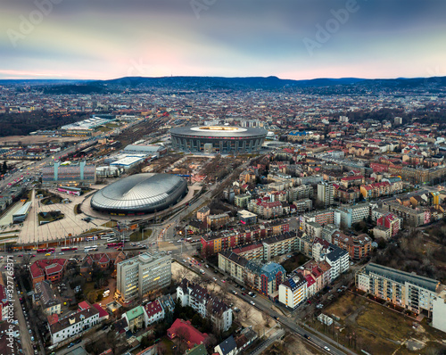 Europe Hungary Budapest sunset Aerial cityscape. Ferenc Puskas Arena. Laszlo Pap Sportarena photo