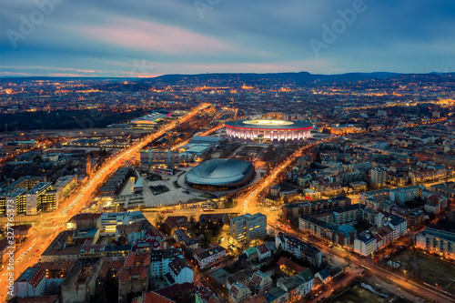 Europe Hungary Budapest sunset Aerial cityscape. Ferenc Puskas Arena. Laszlo Pap Sportarena